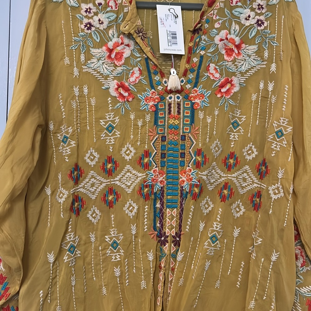 Johnny Was Gold Tie Front Blouse with Mandarin Collar - Picture 3 of 7